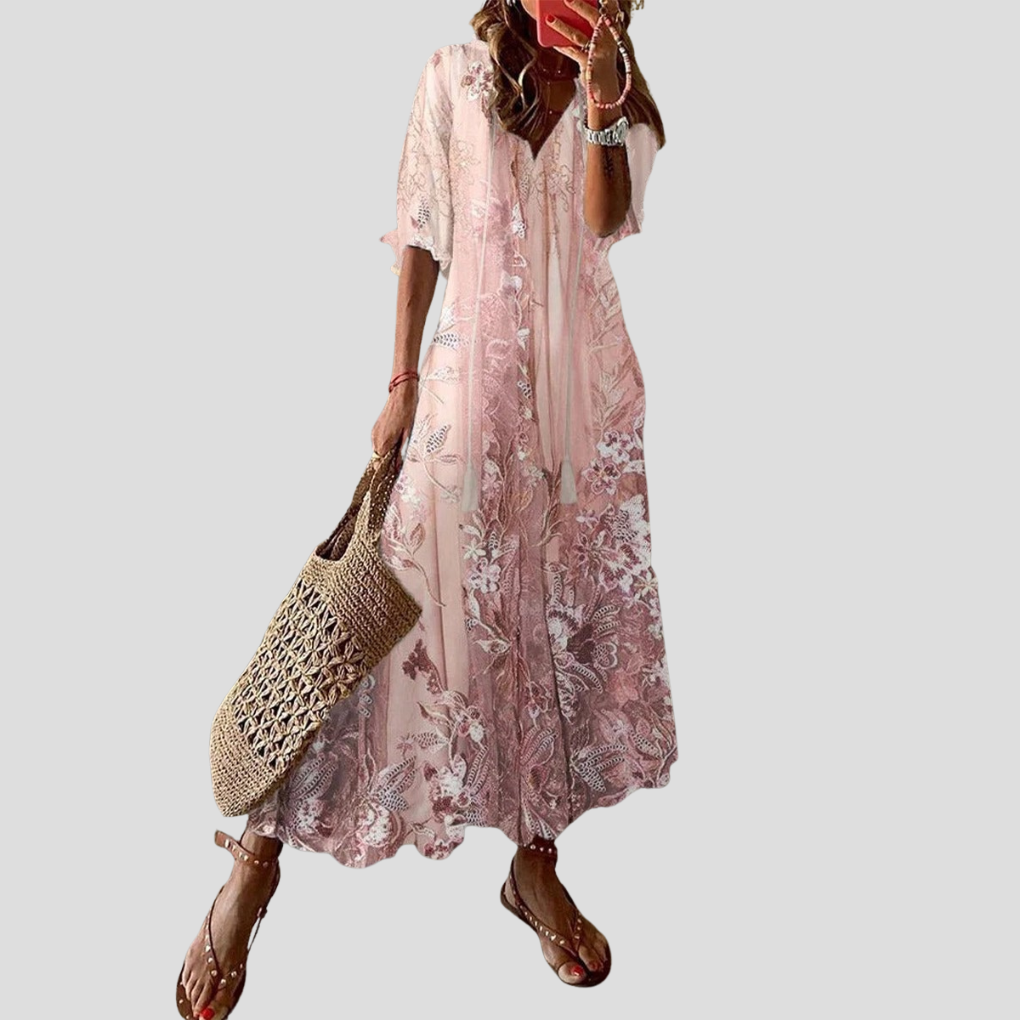 Abito lungo ampio con scollo a V e stampa floreale da donna