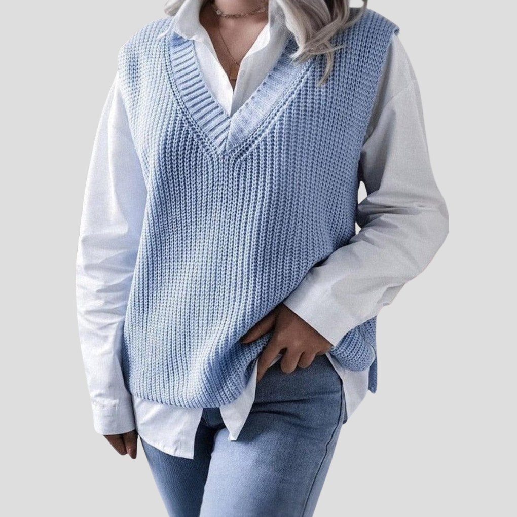 Maglione senza maniche con scollo a V blu da donna