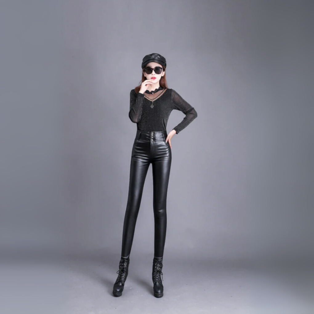 Pantaloni in pelle PU a vita alta ed eleganti da donna