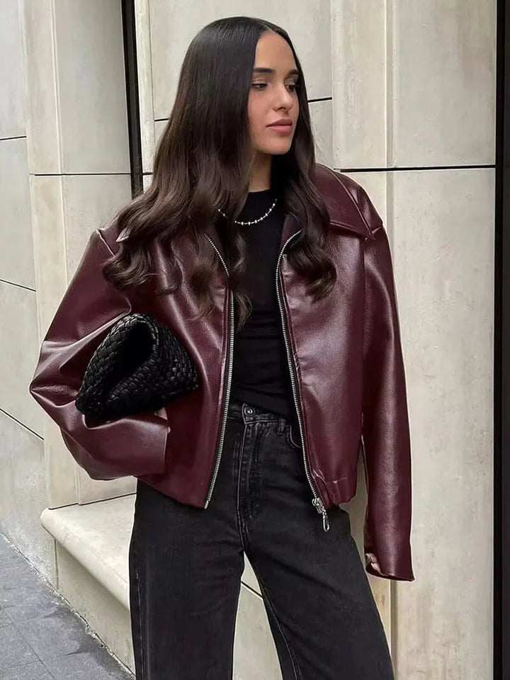 Giacca da donna in ecopelle bordeaux