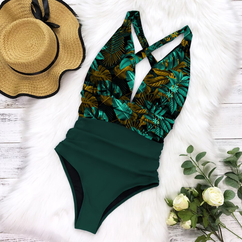 GrΓΌner Badeanzug mit tropischem Muster, Damenmode, Sommer, Strandkleidung, elegant.