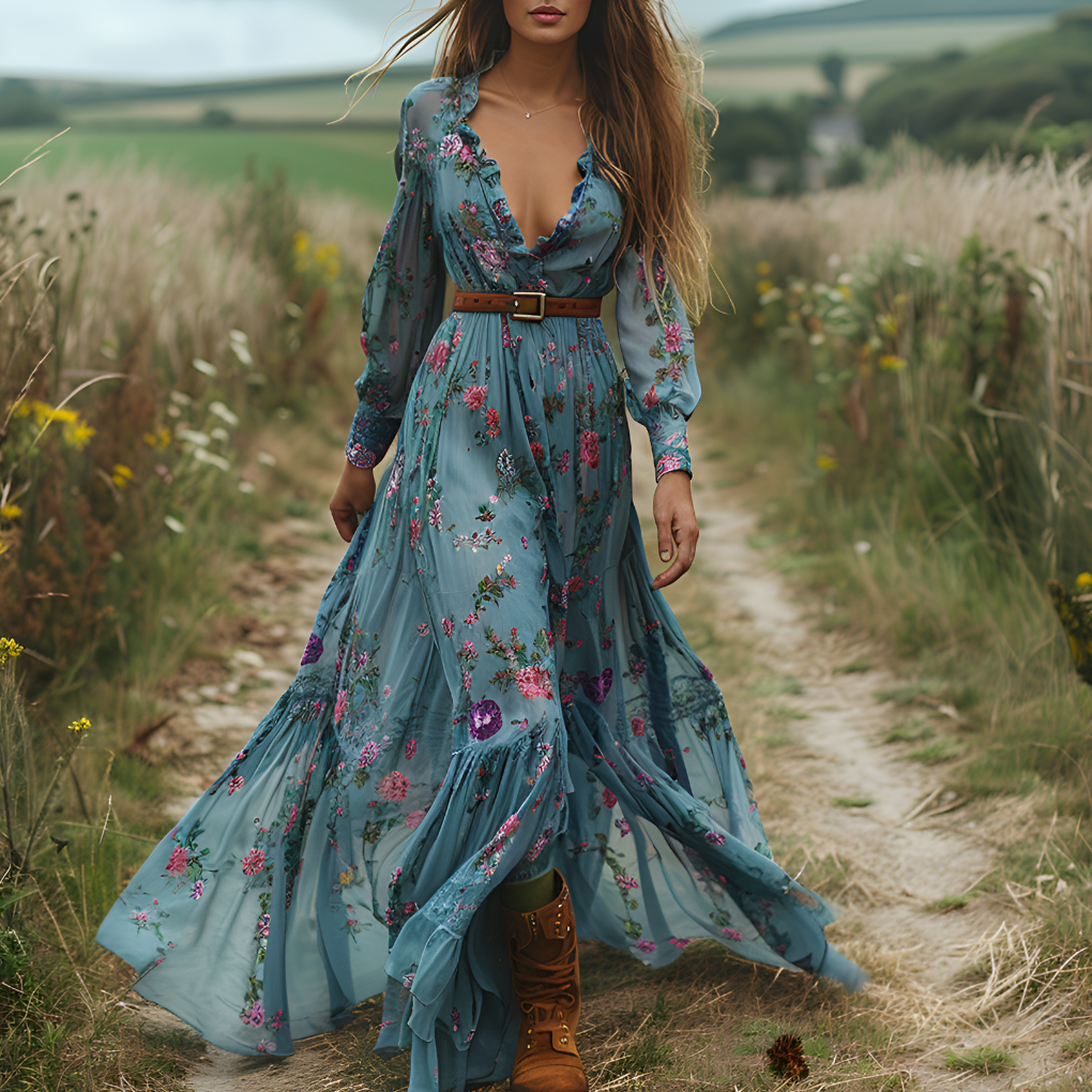 Abito lungo fluido con stampa floreale boho