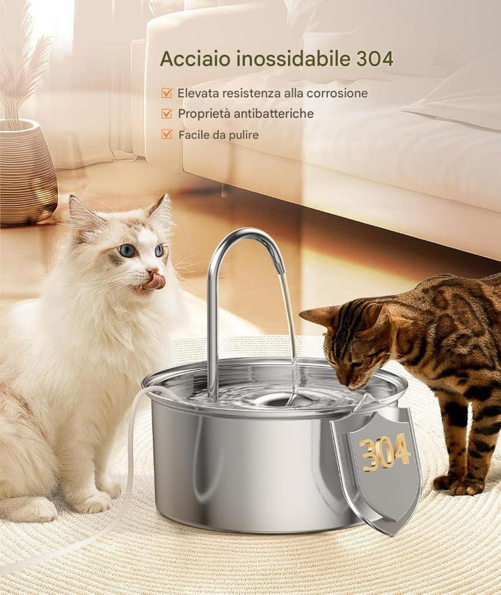 Fontana d’acqua in acciaio inox per gatti e cani di piccola taglia