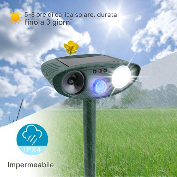 Repellente per animali a ultrasuoni solare attivato dal movimento
