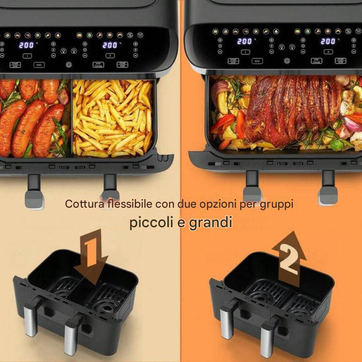 Friggitrice ad aria doppia zona 12 in 1 con sistema a 2 cestelli