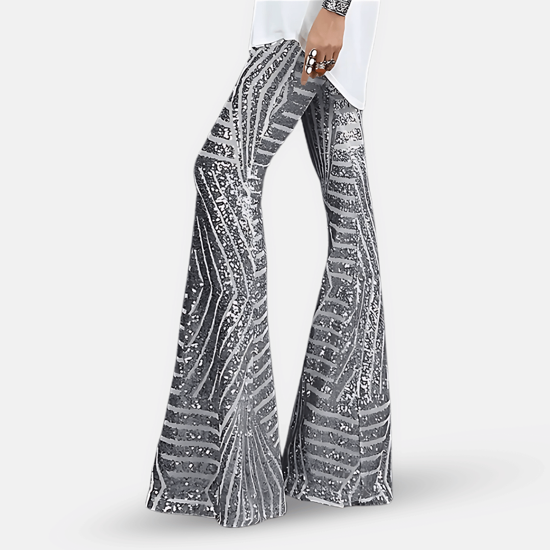 Pantaloni a zampa a vita alta con paillettes da donna