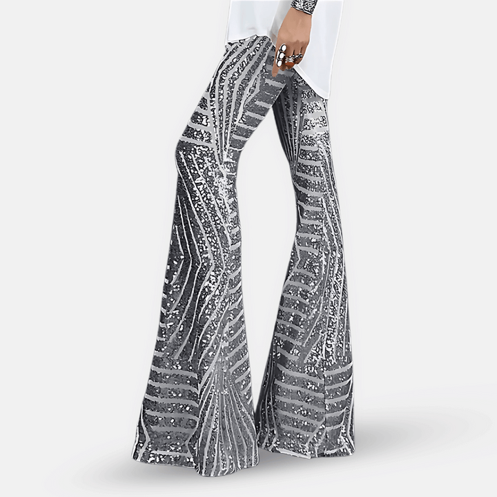 Pantaloni a zampa a vita alta con paillettes da donna