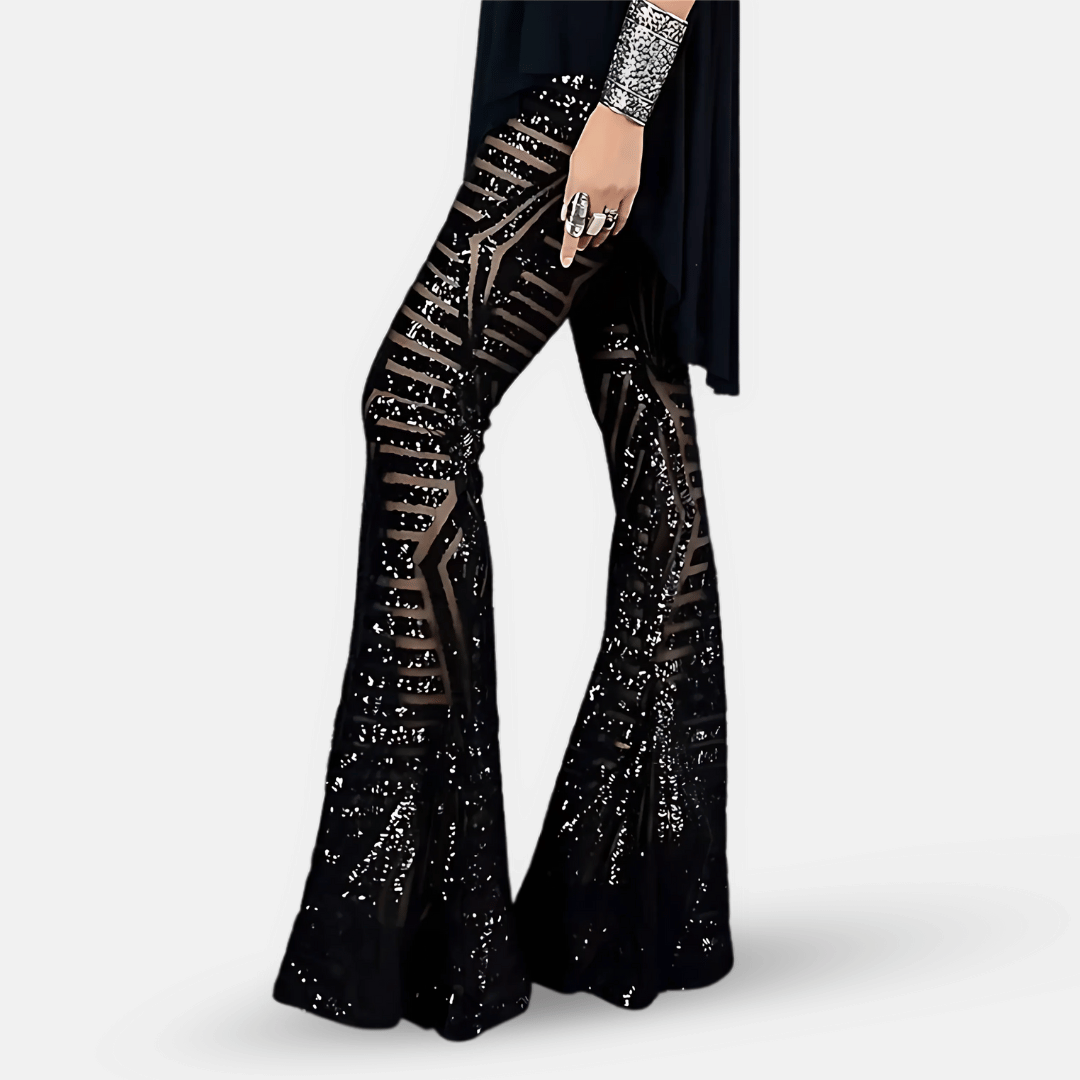 Pantaloni a zampa a vita alta con paillettes da donna