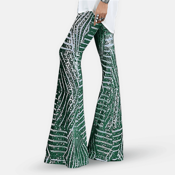 Pantaloni a zampa a vita alta con paillettes da donna
