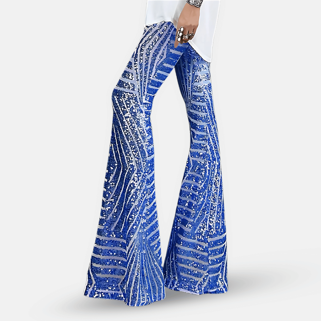 Pantaloni a zampa a vita alta con paillettes da donna