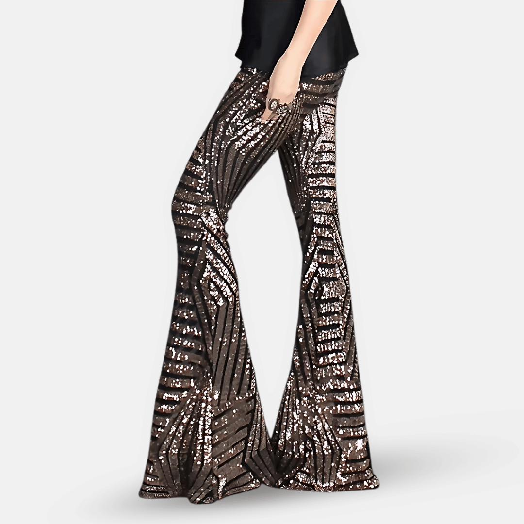 Pantaloni a zampa a vita alta con paillettes da donna
