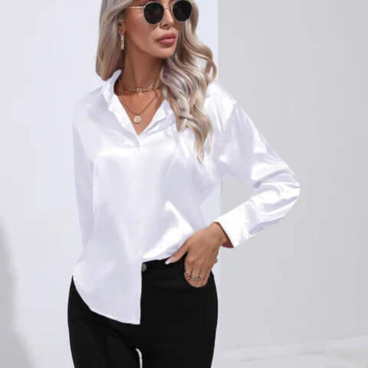 Blusa da donna in raso con maniche lunghe e vestibilità ampia