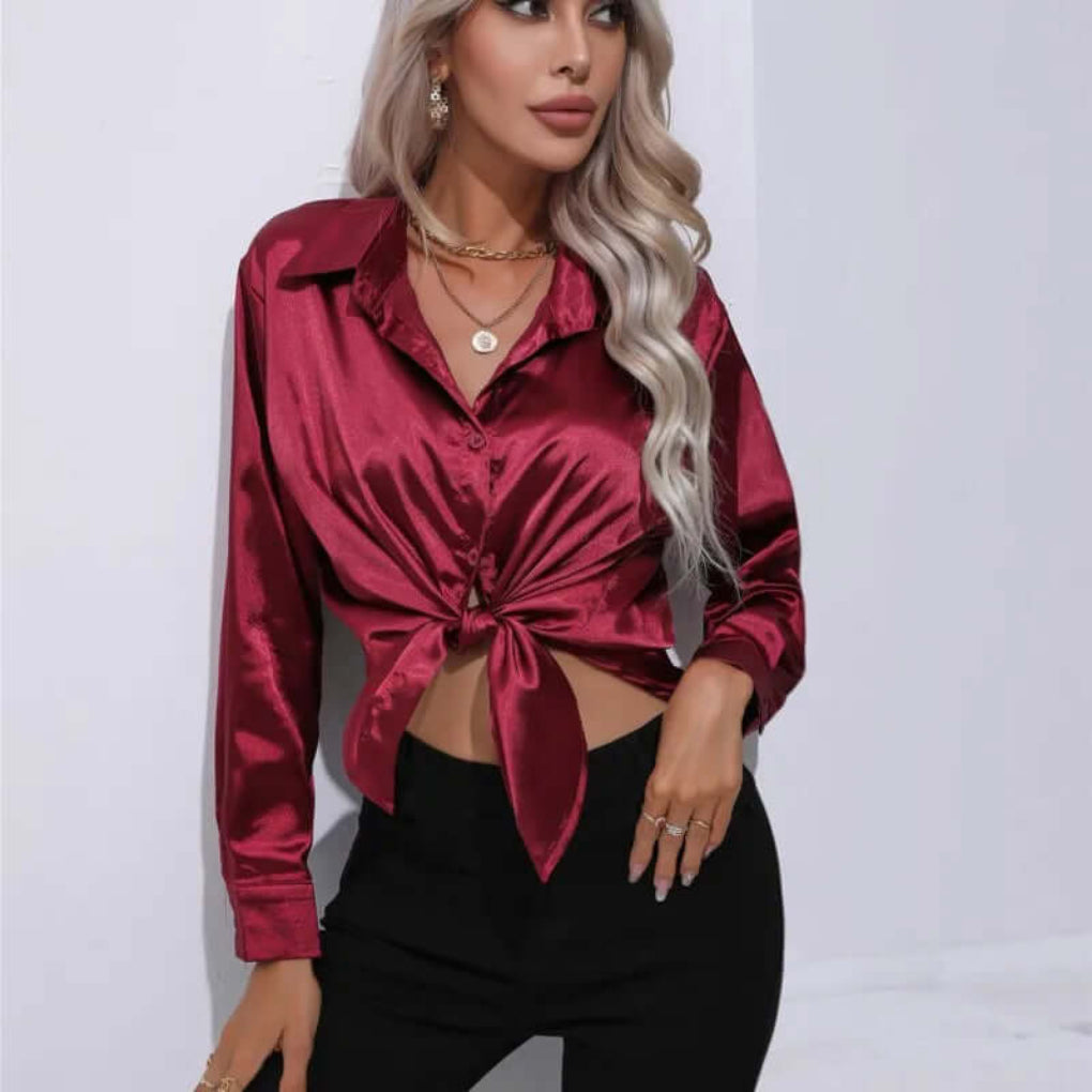 Blusa da donna in raso con maniche lunghe e vestibilità ampia