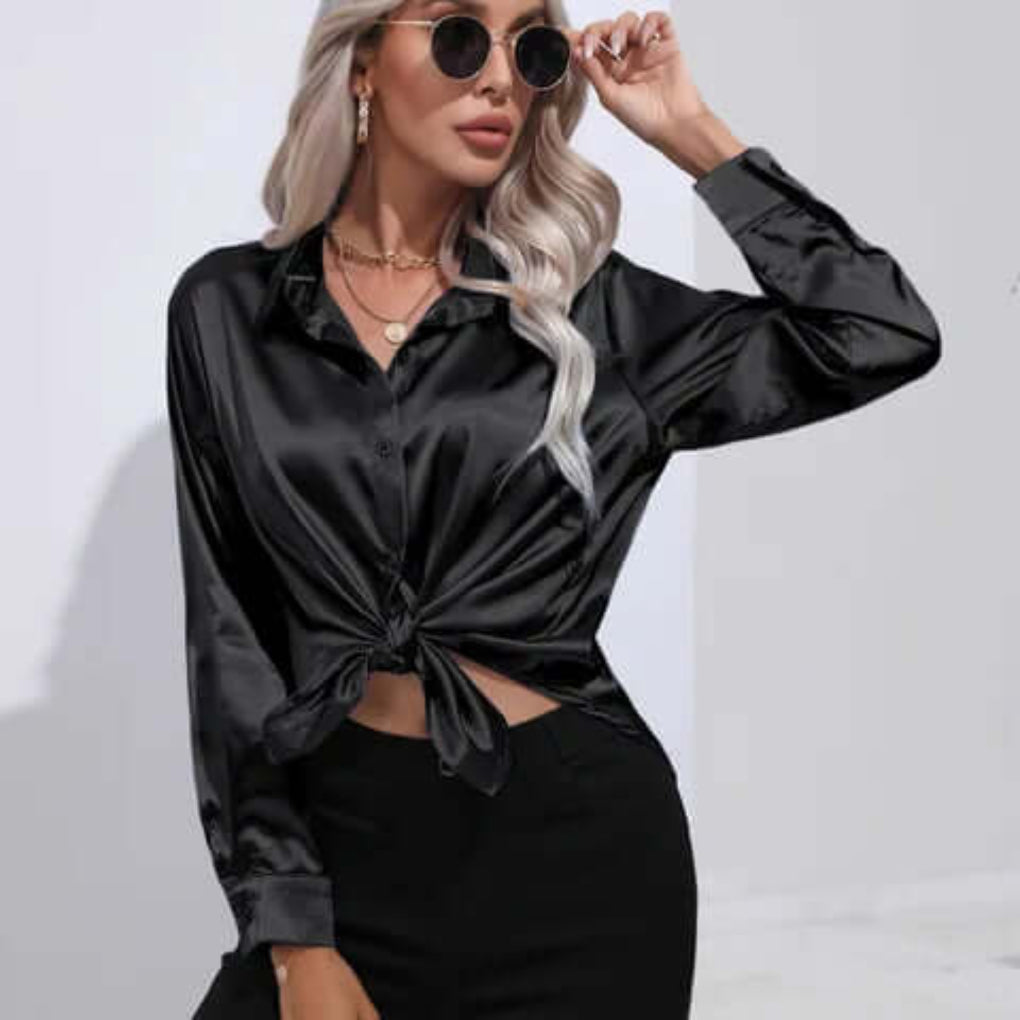 Blusa da donna in raso con maniche lunghe e vestibilità ampia