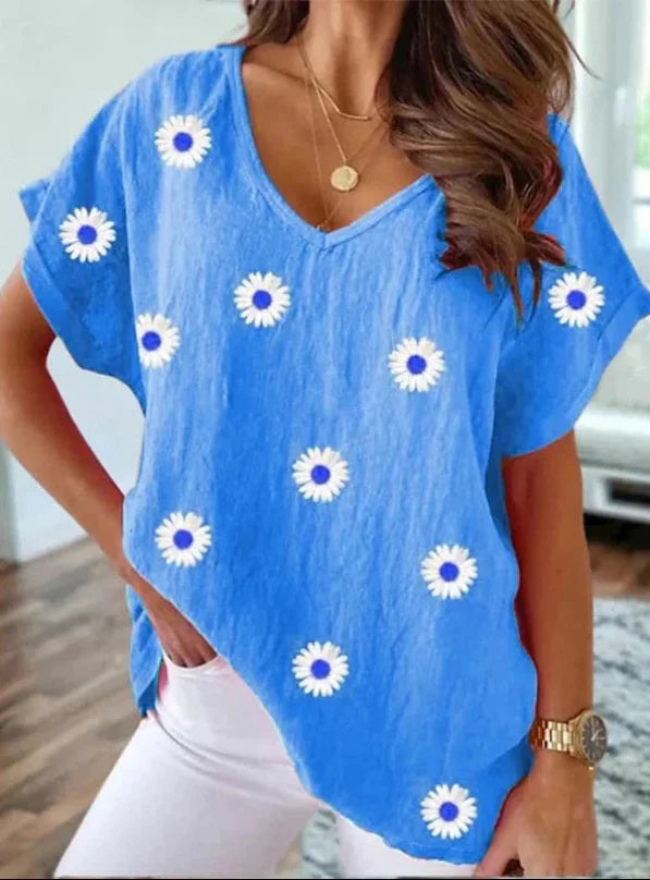 Maglietta casual con scollo a V e stampa floreale 3D