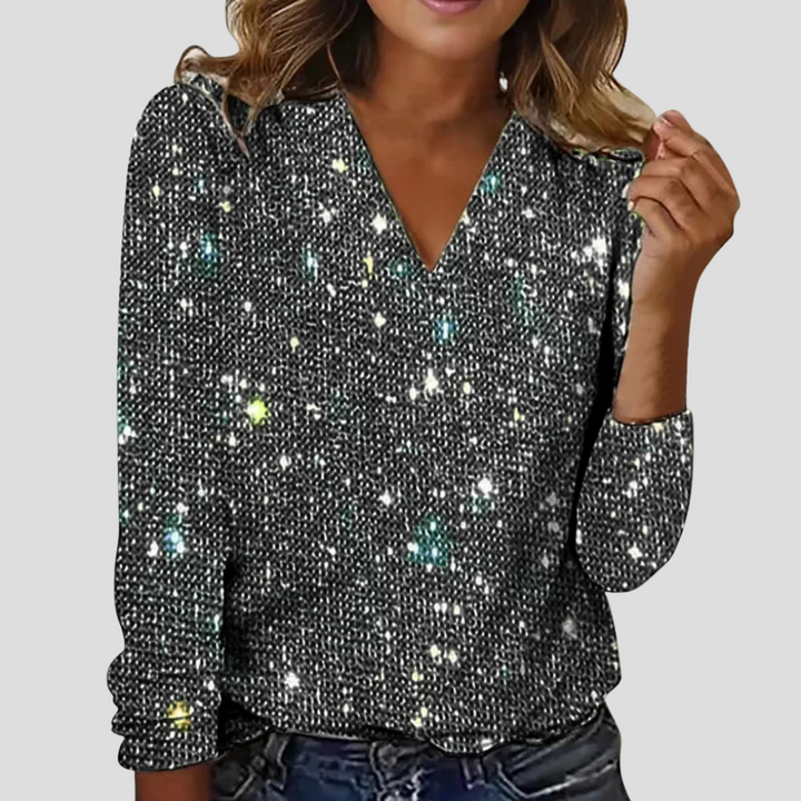 Elegante camicetta glitterata con scollo a V e maniche lunghe