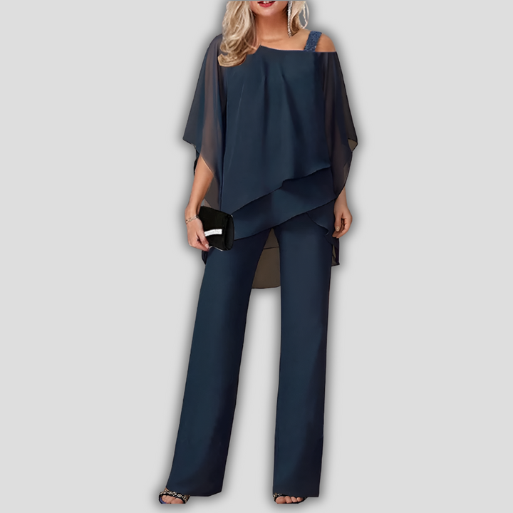 Elegante tailleur pantalone in chiffon a 2 pezzi con top a mantella a strati