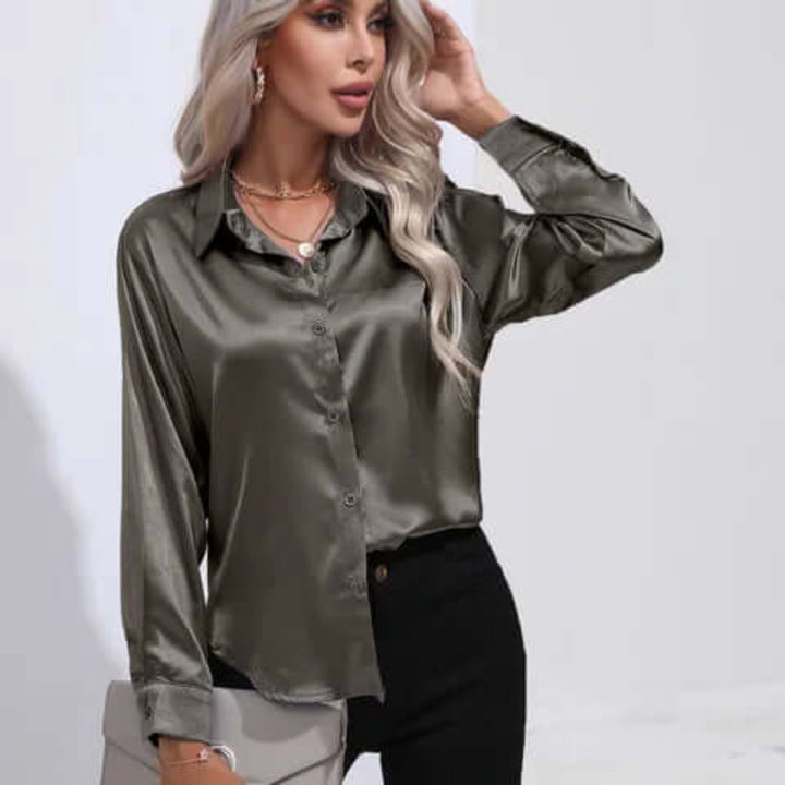 Blusa da donna in raso con maniche lunghe e vestibilità ampia