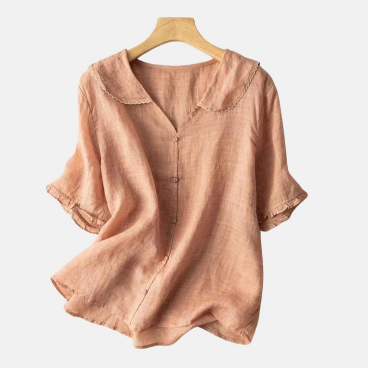 Camicia retrò in cotone e lino da donna con colletto a bambola