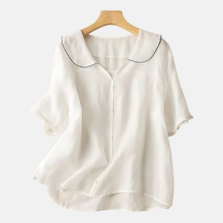 Camicia retrò in cotone e lino da donna con colletto a bambola