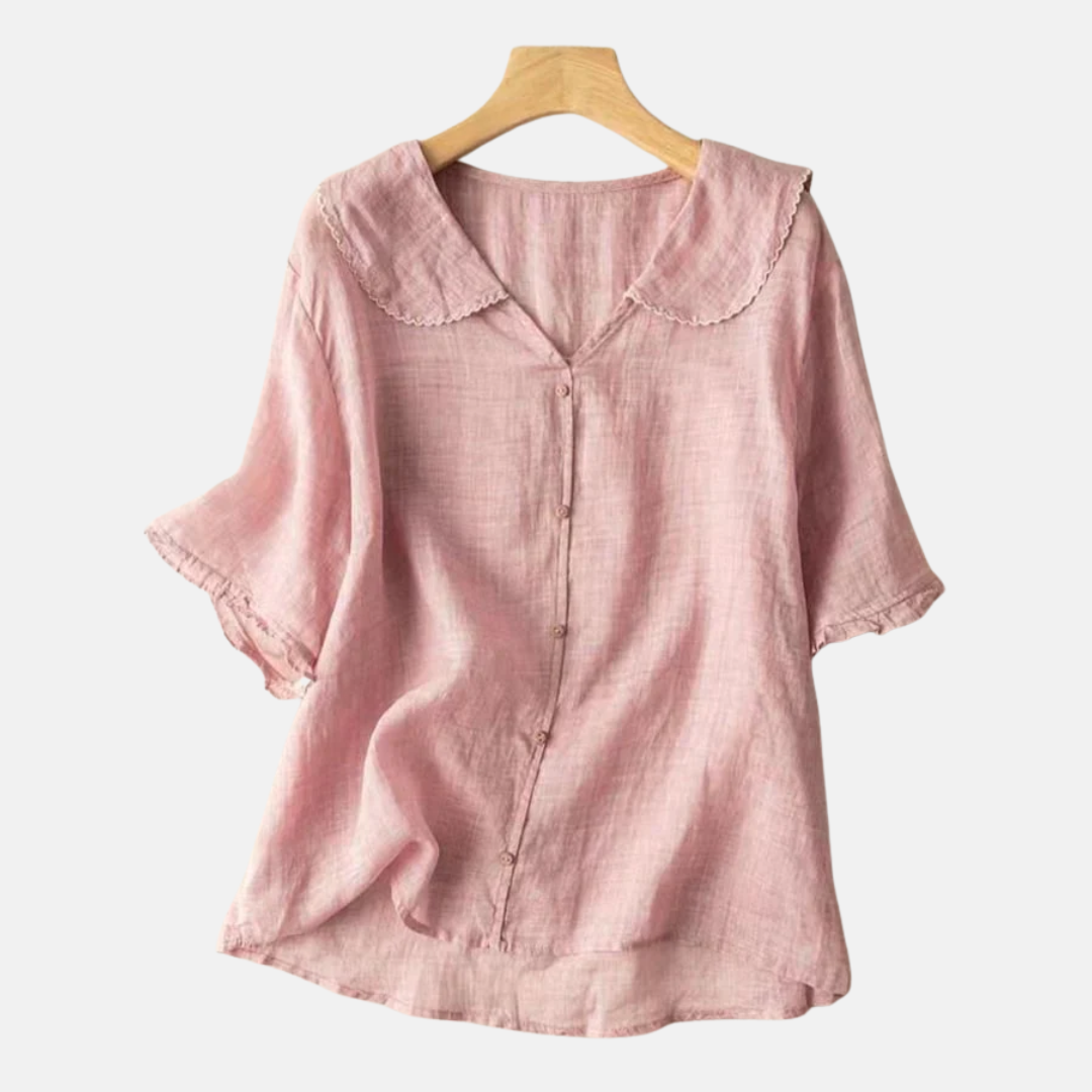 Camicia retrò in cotone e lino da donna con colletto a bambola
