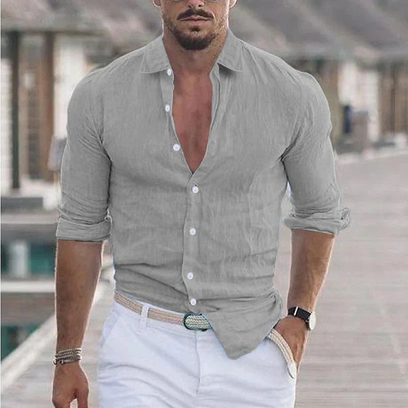 Camicia da uomo in lino con colletto risvoltato