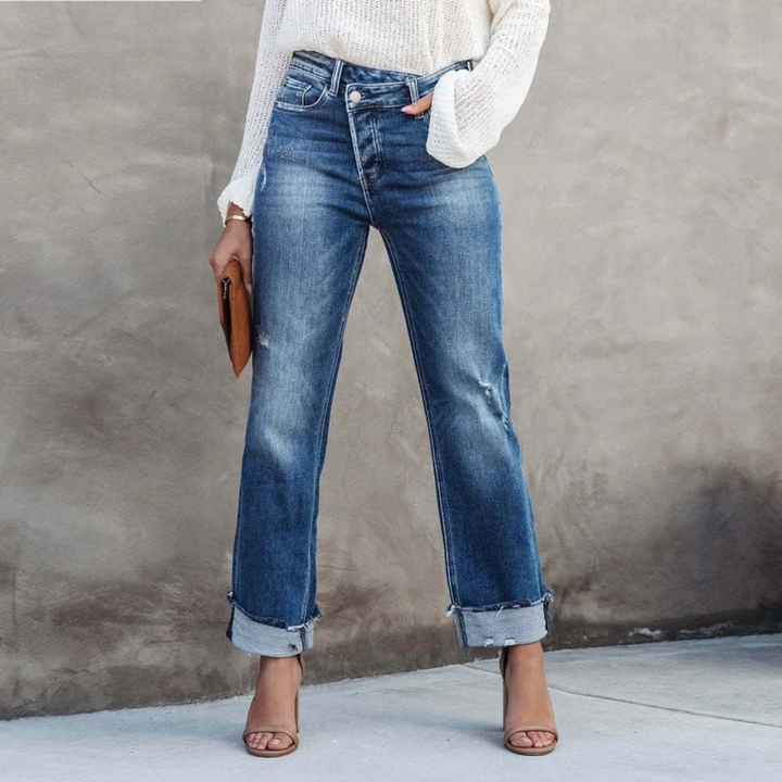 Pantaloni di jeans comodi e a vita alta da donna
