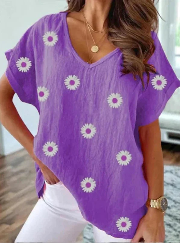 Maglietta casual con scollo a V e stampa floreale 3D