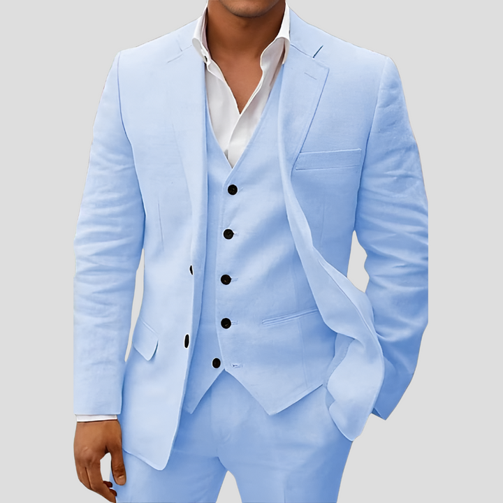 Completo in lino da uomo composto da tre pezzi: blazer, gilet e pantaloni