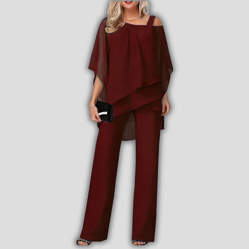 Elegante tailleur pantalone in chiffon a 2 pezzi con top a mantella a strati