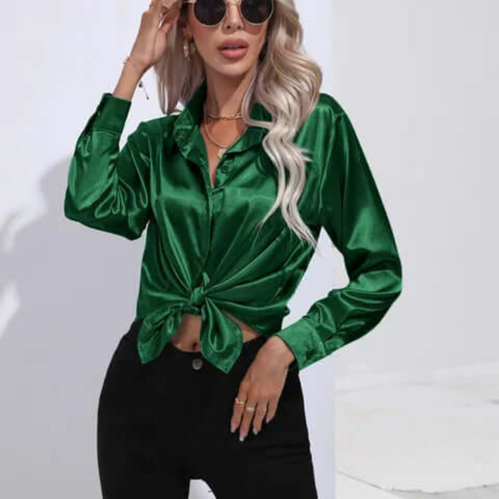 Blusa da donna in raso con maniche lunghe e vestibilità ampia