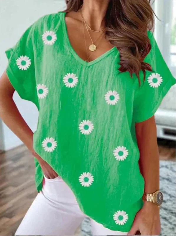 Maglietta casual con scollo a V e stampa floreale 3D