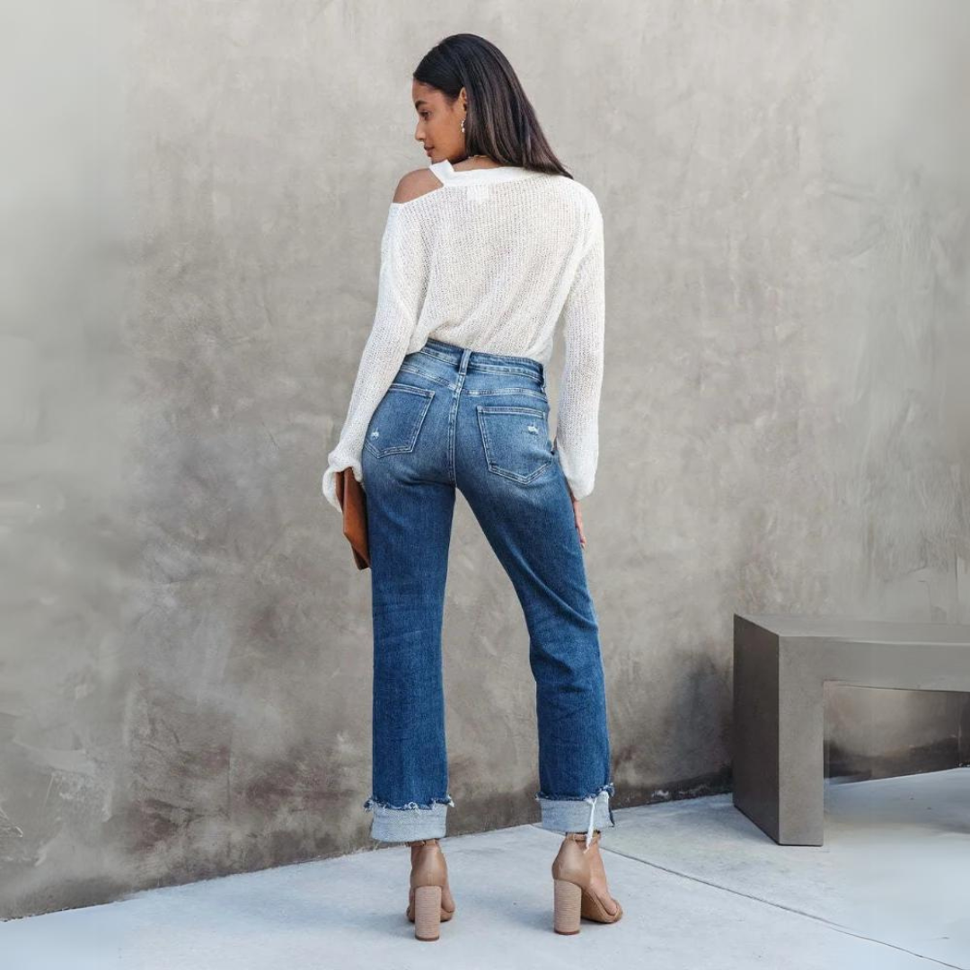 Pantaloni di jeans comodi e a vita alta da donna