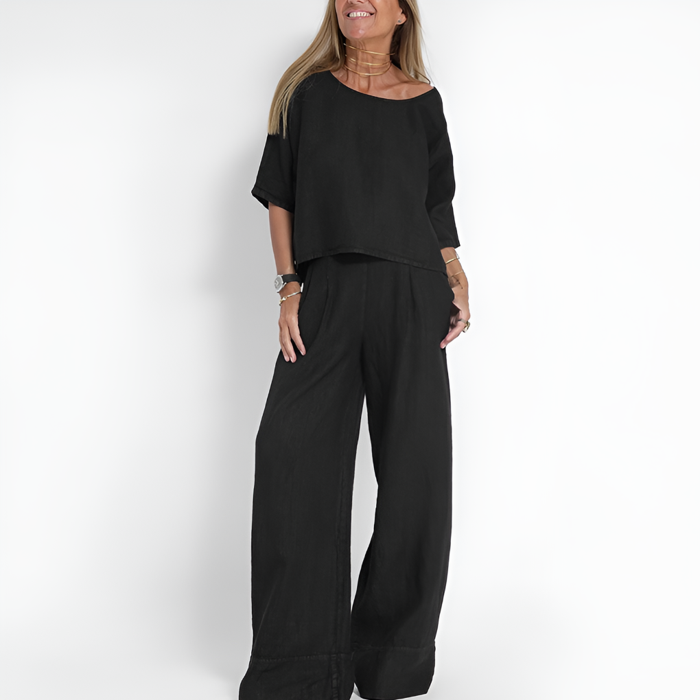 Completo due pezzi da donna in misto lino dalla vestibilità rilassata