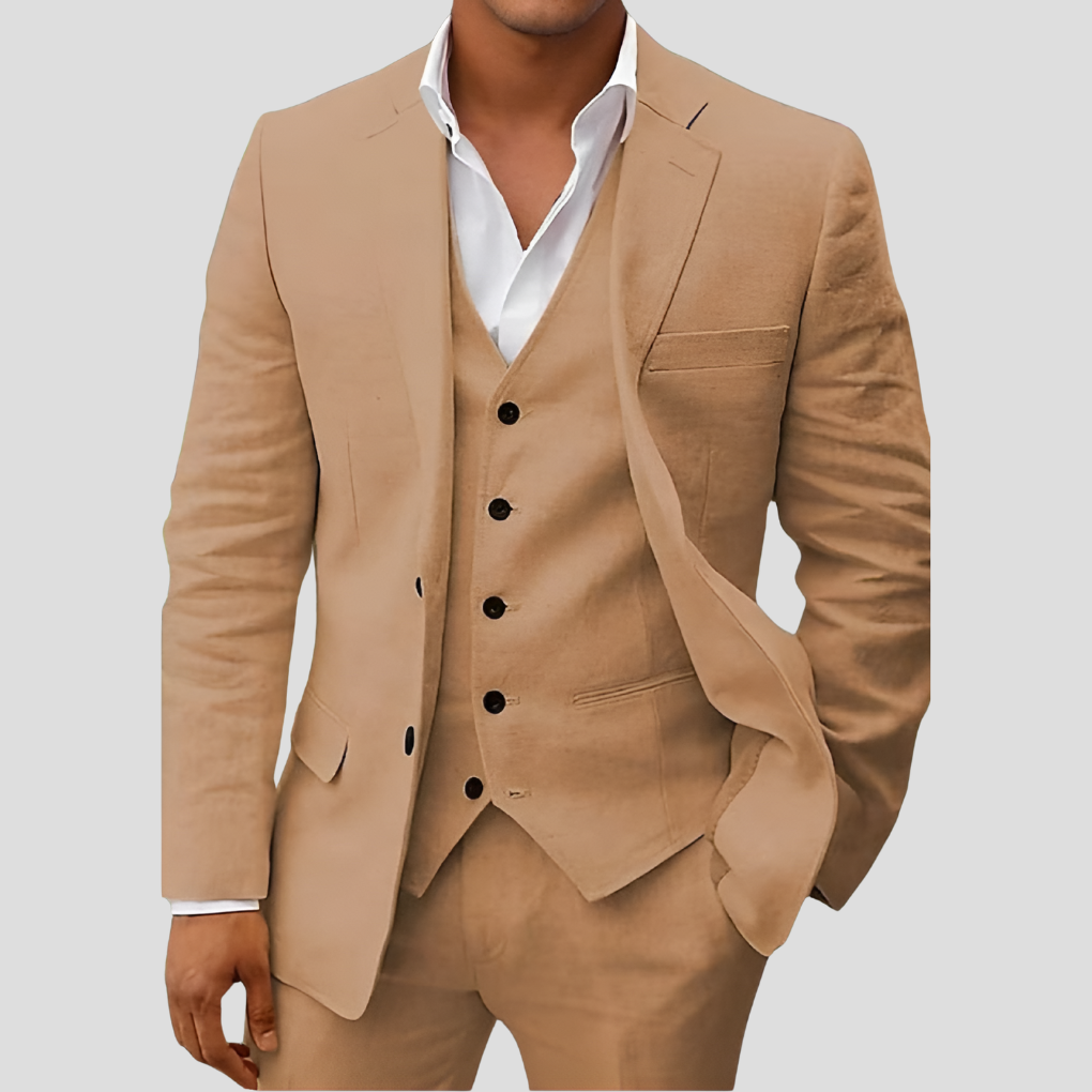 Completo in lino da uomo composto da tre pezzi: blazer, gilet e pantaloni