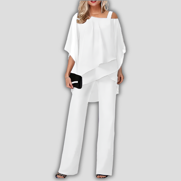 Elegante tailleur pantalone in chiffon a 2 pezzi con top a mantella a strati