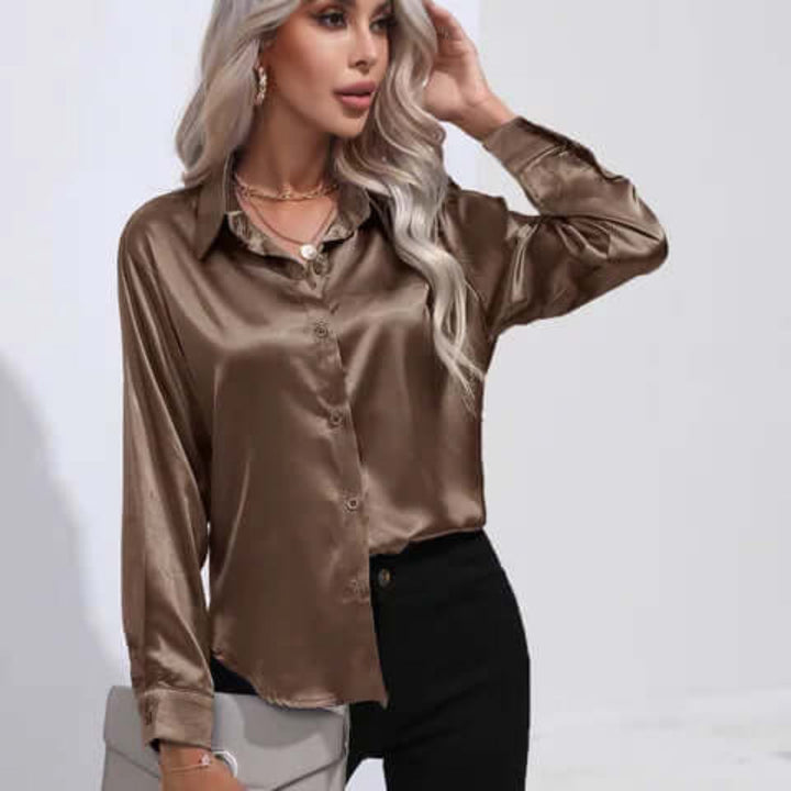 Blusa da donna in raso con maniche lunghe e vestibilità ampia