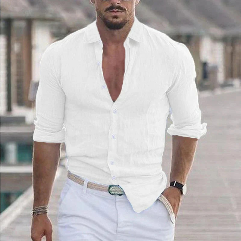 Camicia da uomo in lino con colletto risvoltato