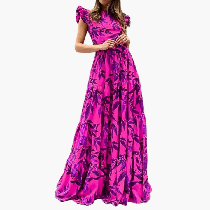 FogliaSole - Abito Maxi Donna A-Linea con Stampa Foglie e Maniche Ruffle