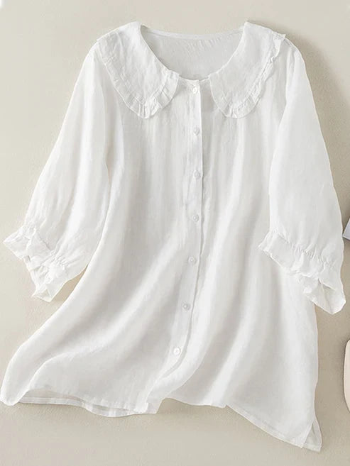 Camicia da donna in cotone e lino con collo Peter Pan arricciato