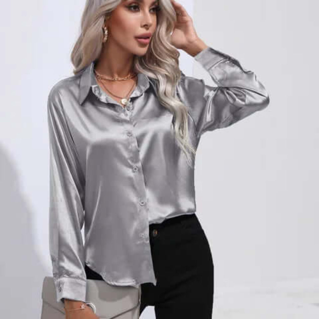 Blusa da donna in raso con maniche lunghe e vestibilità ampia