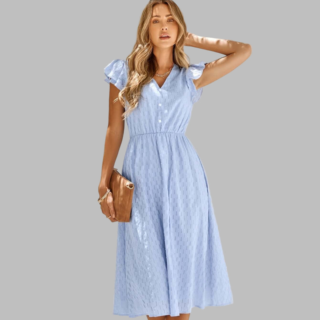 Abito midi da donna con scollo a V e volant