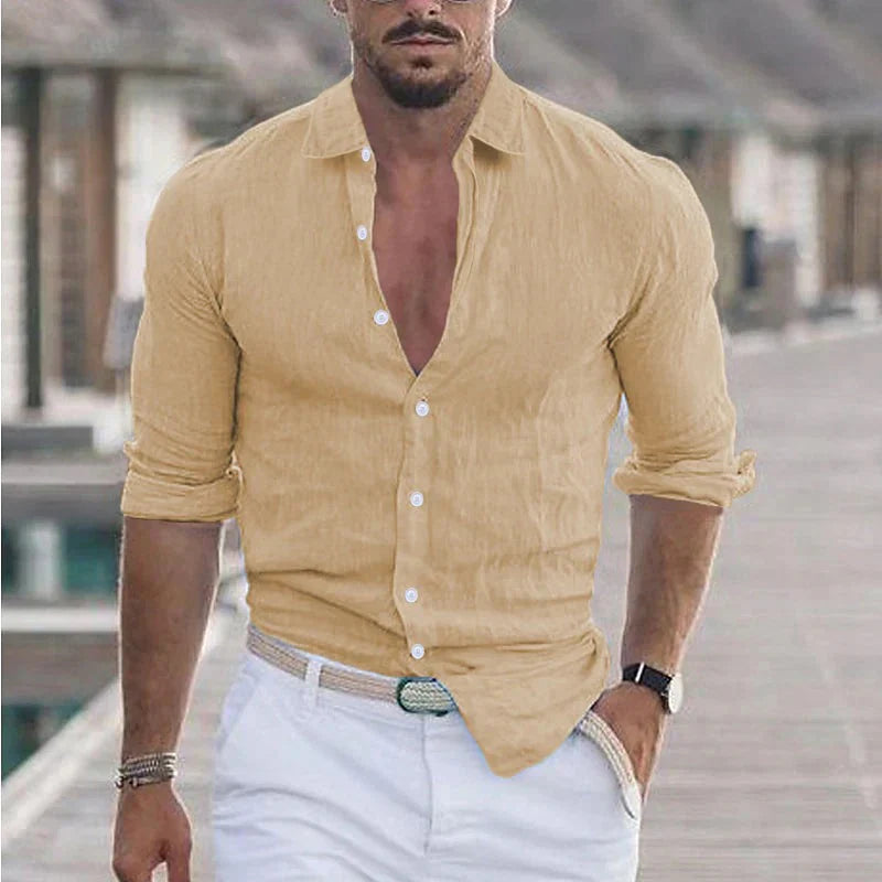 Camicia da uomo in lino con colletto risvoltato