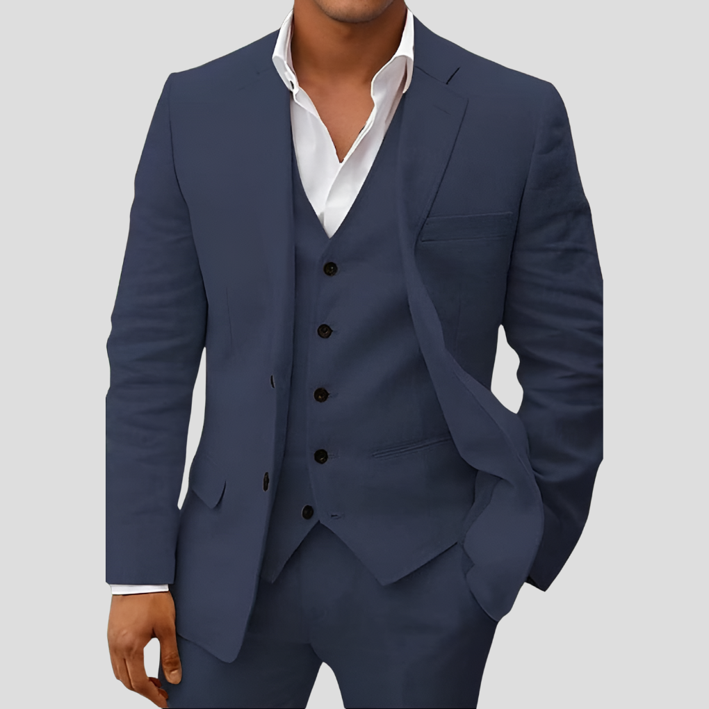 Completo in lino da uomo composto da tre pezzi: blazer, gilet e pantaloni