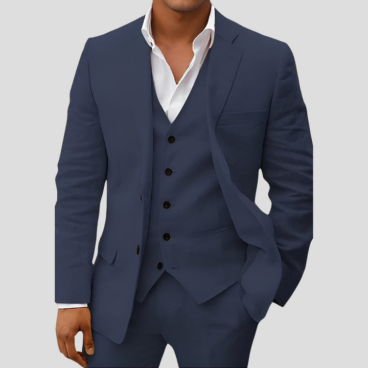 Completo in lino da uomo composto da tre pezzi: blazer, gilet e pantaloni