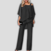 Elegante tailleur pantalone in chiffon a 2 pezzi con top a mantella a strati
