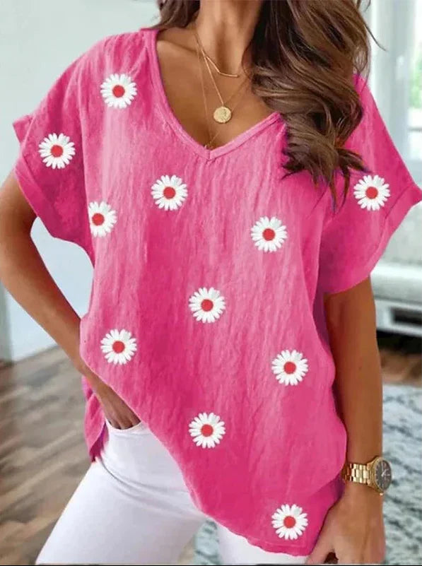 Maglietta casual con scollo a V e stampa floreale 3D