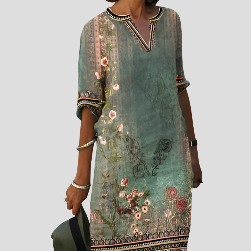 Abito boho floreale con volant, comodo e facile da indossare