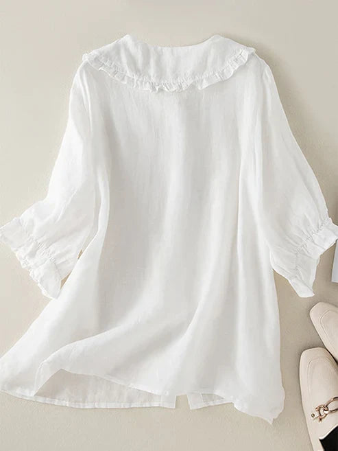 Camicia da donna in cotone e lino con collo Peter Pan arricciato