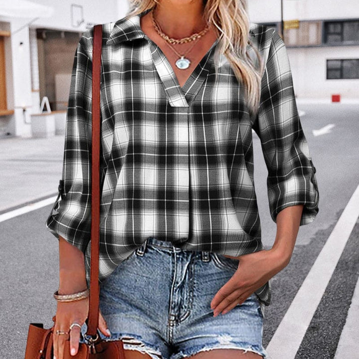Blusa a quadri da donna con scollo a V e maniche lunghe